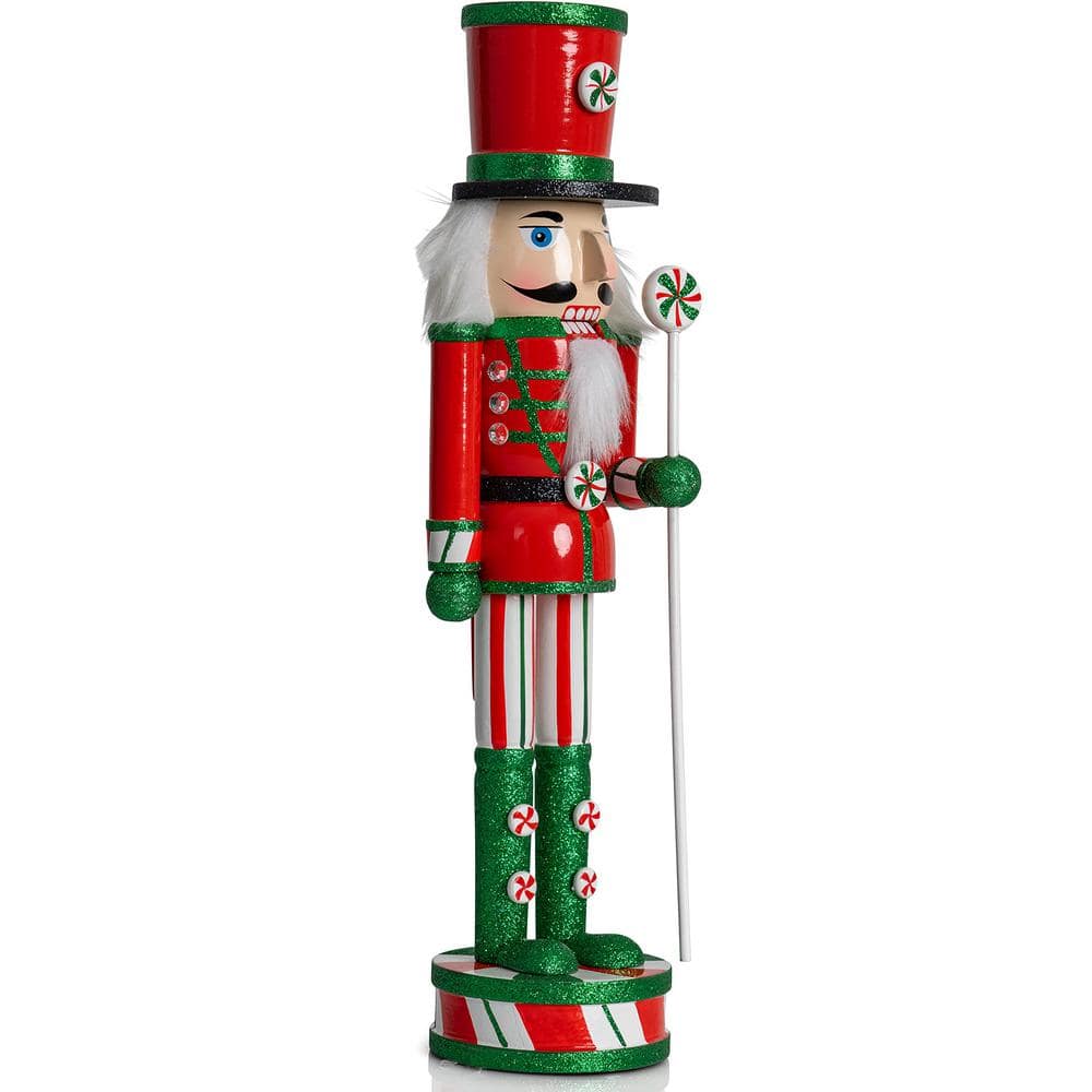 15 in. Wooden Peppermint Christmas Nutcracker -Red, White and Green Glitter Candy Holiday Nutcracker Toy Soldier - Hercitys