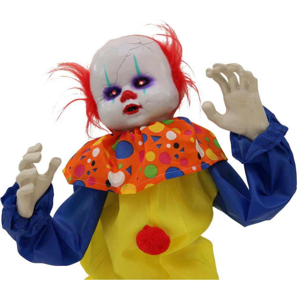 24 in. Battery Operated Animatronic Clown with Red LED Eyes Halloween Prop - Hercitys