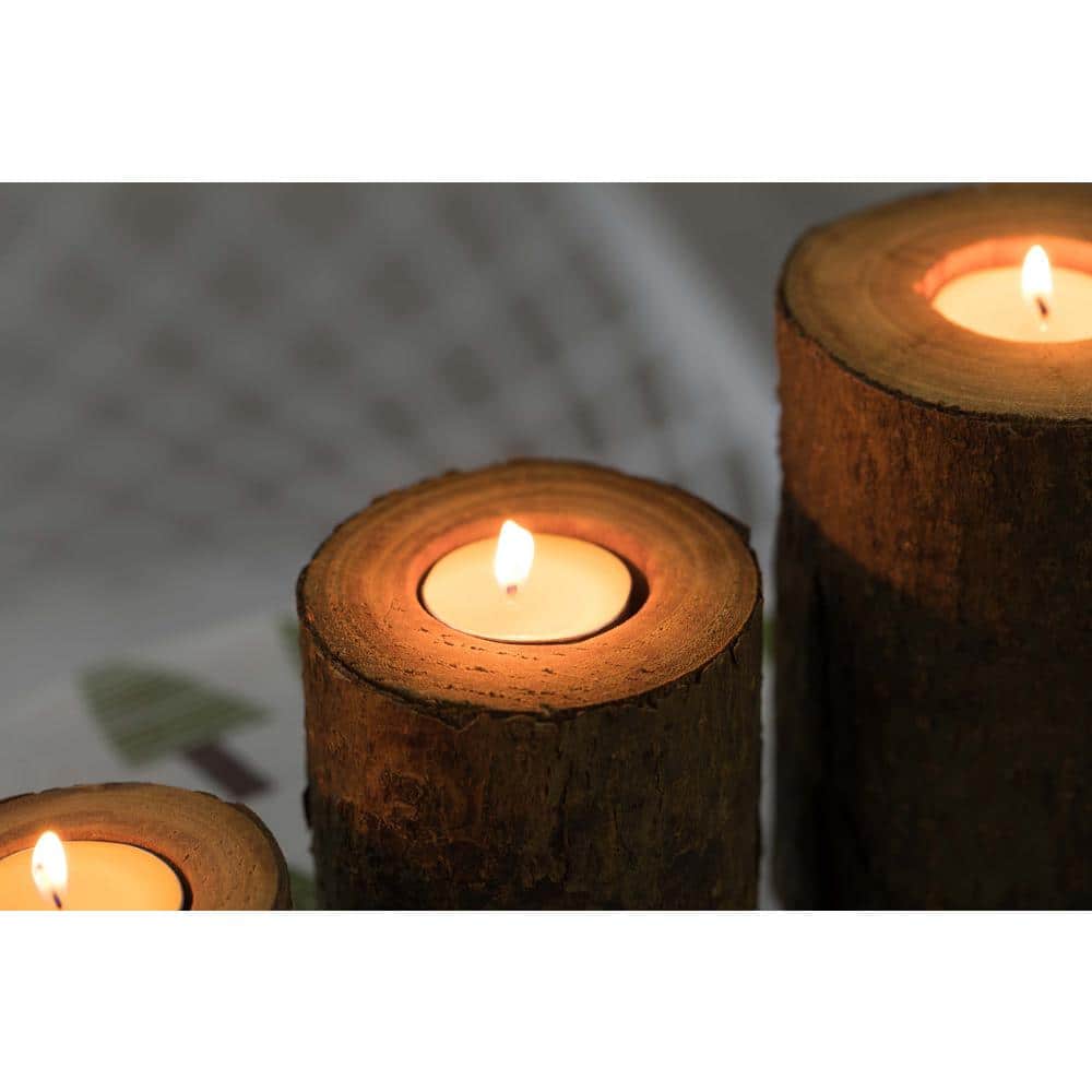 3.75 in. H Bark Wooden Pillar Tree Stump Tea Light Rustic Candle Holder (Set of 3) - Hercitys