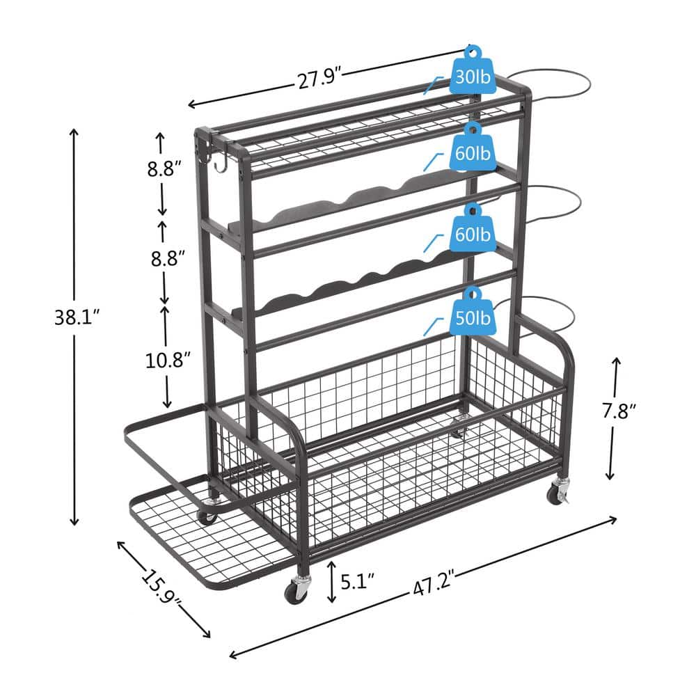 4-Tier Metal Storage Organizer with Rolling Wheels for Basketball Sports Equipment Organizer - Hercitys