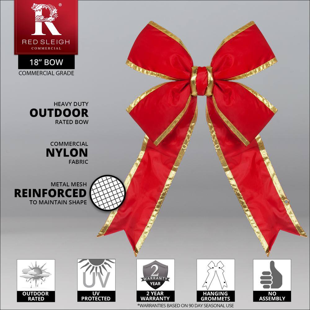 18 in. Red Nylon Outdoor Christmas Structural Bow with Gold Trim - Hercitys