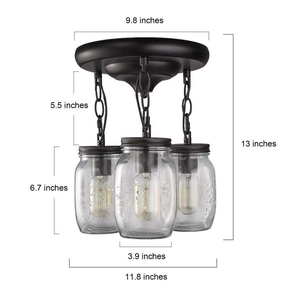 3-Light Modern Farmhouse Semi-Flush Mount Oil-Rubbed Bronze Classic Mason Jar Kitchen Ceiling Light - Hercitys