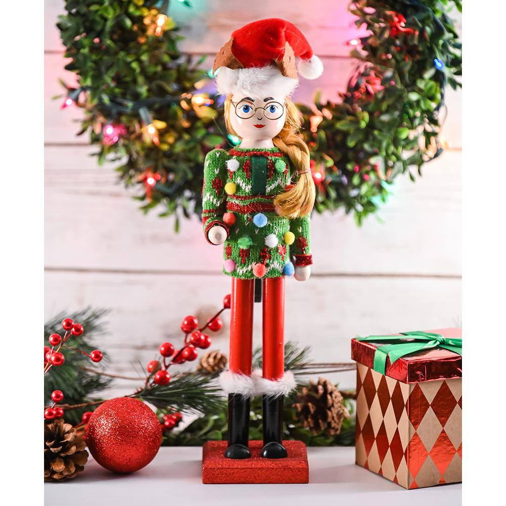 15 in. Wooden Christmas Ugly Sweater Nutcracker -Red and Green Nutcracker Girl with an Ugly Sweater and Reindeer Hat - Hercitys
