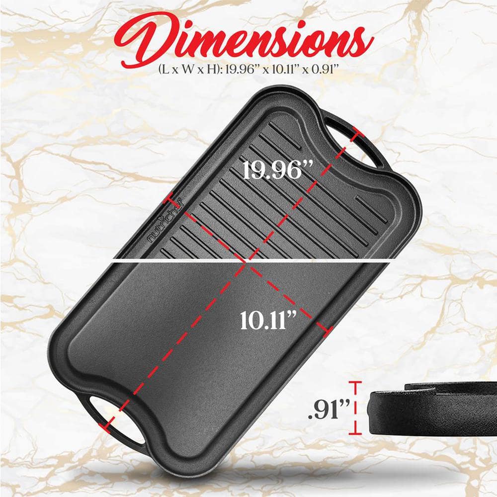 19.96 in. Kitchen Flat Grill Plate Pan Reversible Cast Iron Griddle Classic Flat Grill Pan Design with Scraper - Hercitys