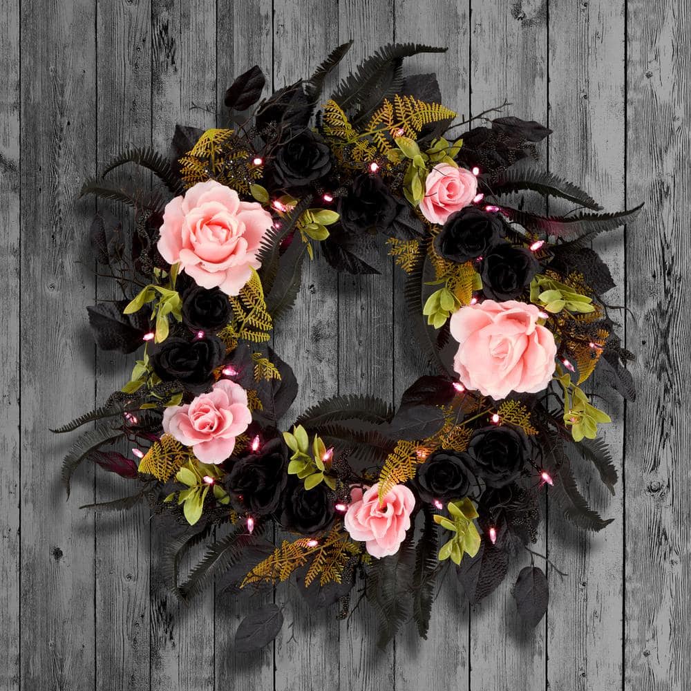 24 in. Cute and Creepy Halloween Wreath with 40 Pink LED Lights - Hercitys