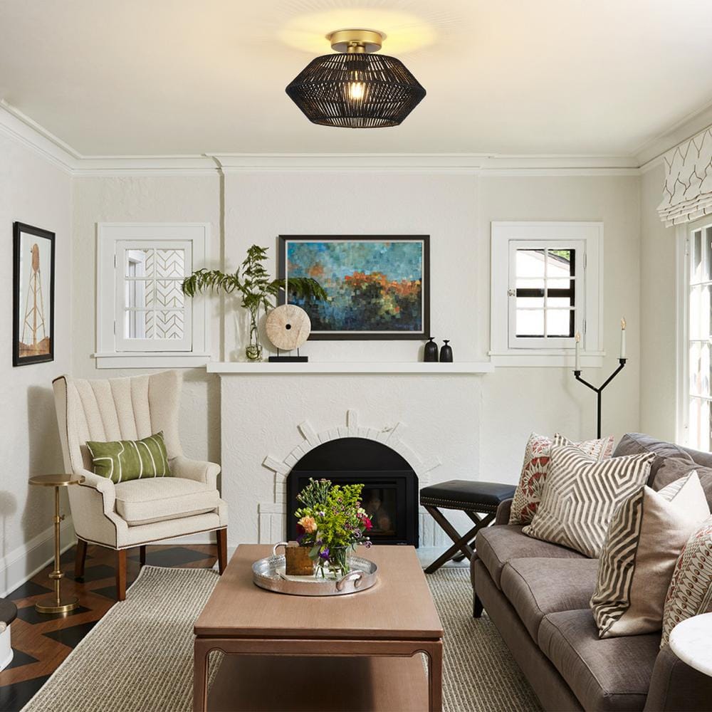 12.59 in. 1-Light Gold and Black Metal Semi-Flush Mount Light with Imitation Hemp Rope Shade and No Bulbs Included - Hercitys