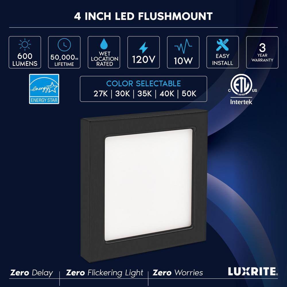4 in. Square Black Modern Flush Mount Ceiling Light LED Integrated 10-Watt 600LM 5CCT 2700K-5000K Dimmable (4-Pack) - Hercitys
