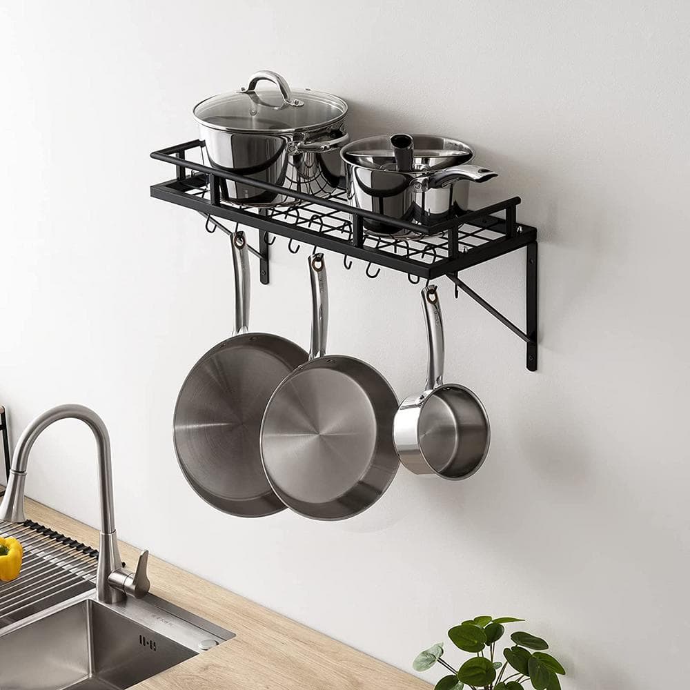 24 in. Black Wall Mounted Kitchen Pot Rack with 10-Hooks - Hercitys