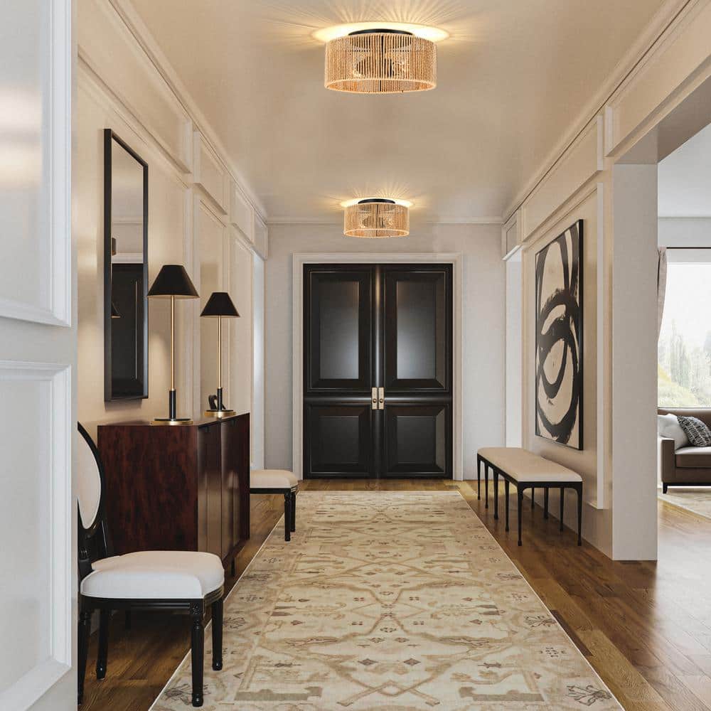 12 in. 2-Light Matte Black Modern Flush Mount with Natural Paper Shade No Bulbs Included - Hercitys