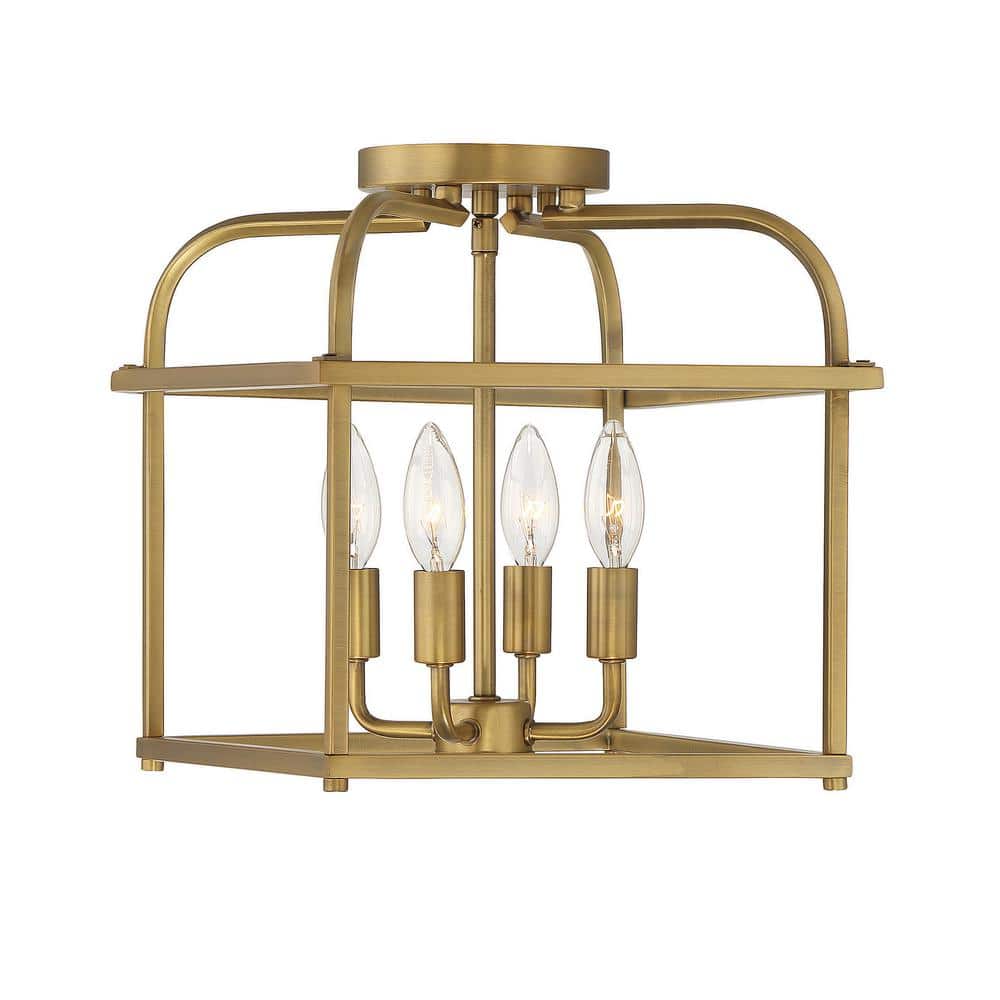 12 in. W x 12.5 in. H 4-Light Natural Brass Semi- Flush Mount Ceiling Light with Metal Cage Frame - Hercitys