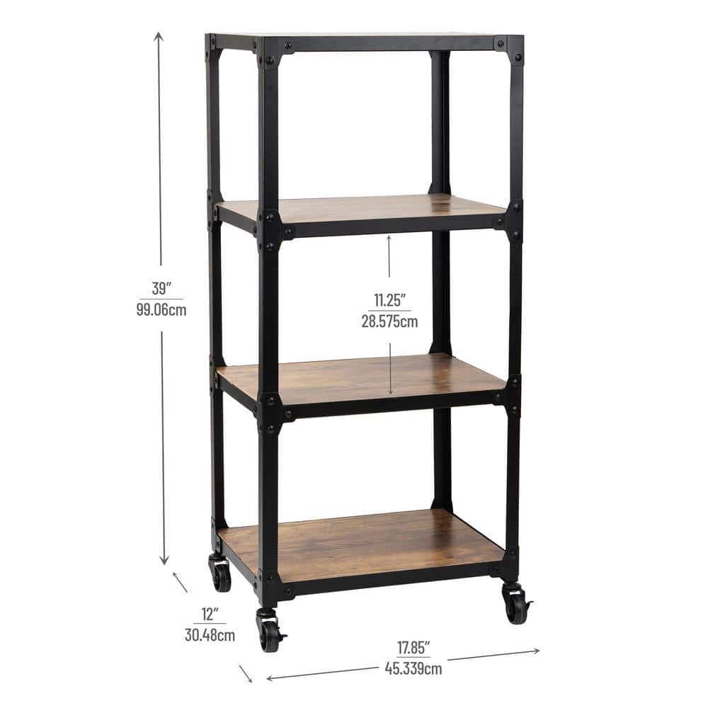 4-Tier Metal/Wood, 4-Wheeled Rolling Utility Cart Bar Cart in Black - Hercitys