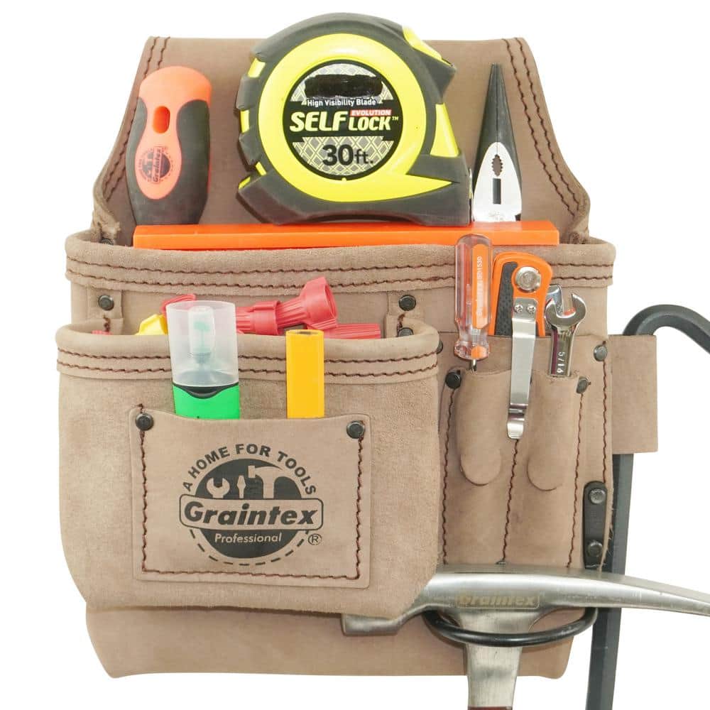 5-Pocket Left Handed Beige Top Grain Leather Tool Pouch - Hercitys