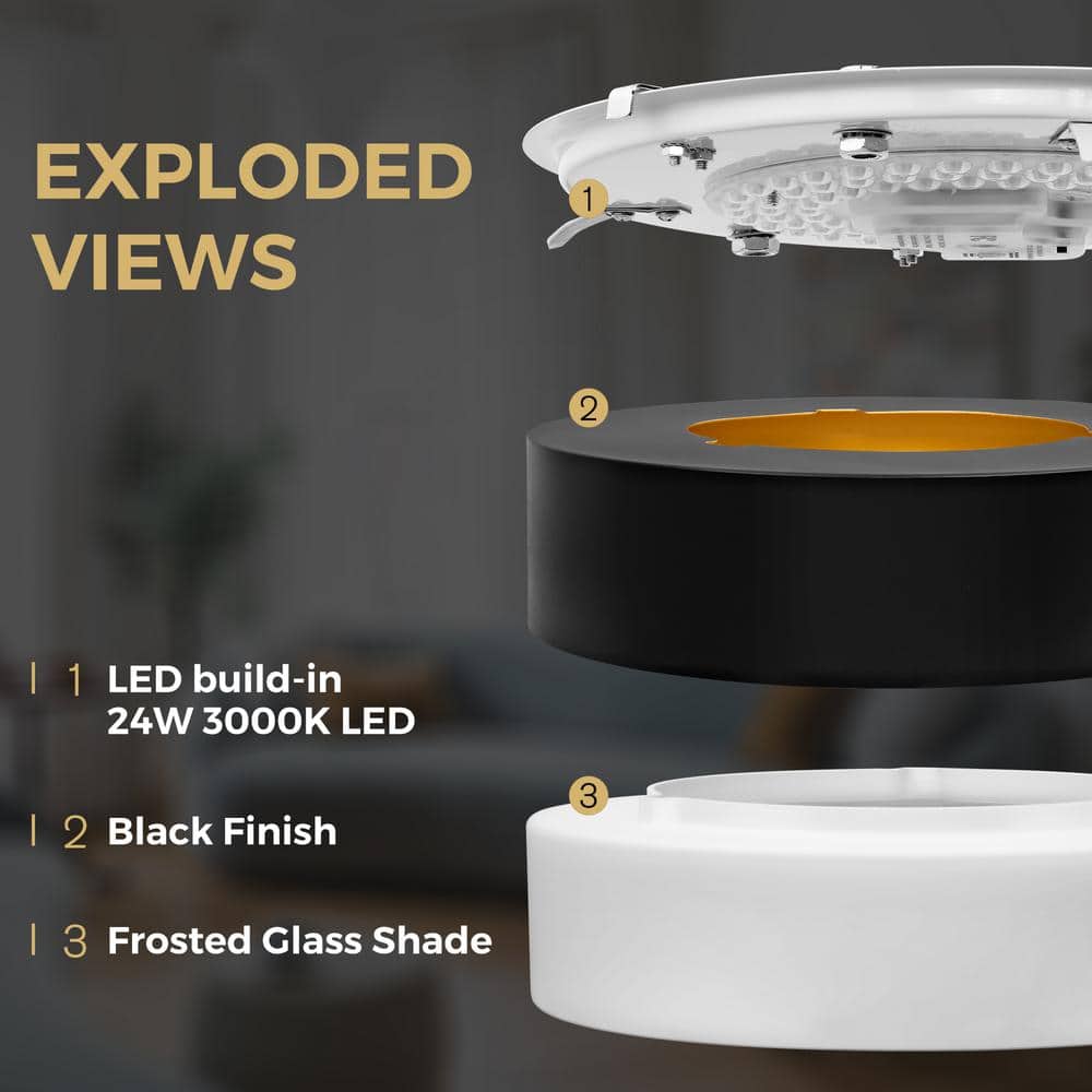 19.7 in. 24-Watt Black LED Flush Mount Ceiling Light Fixture with Frosted Glass Shade - Hercitys
