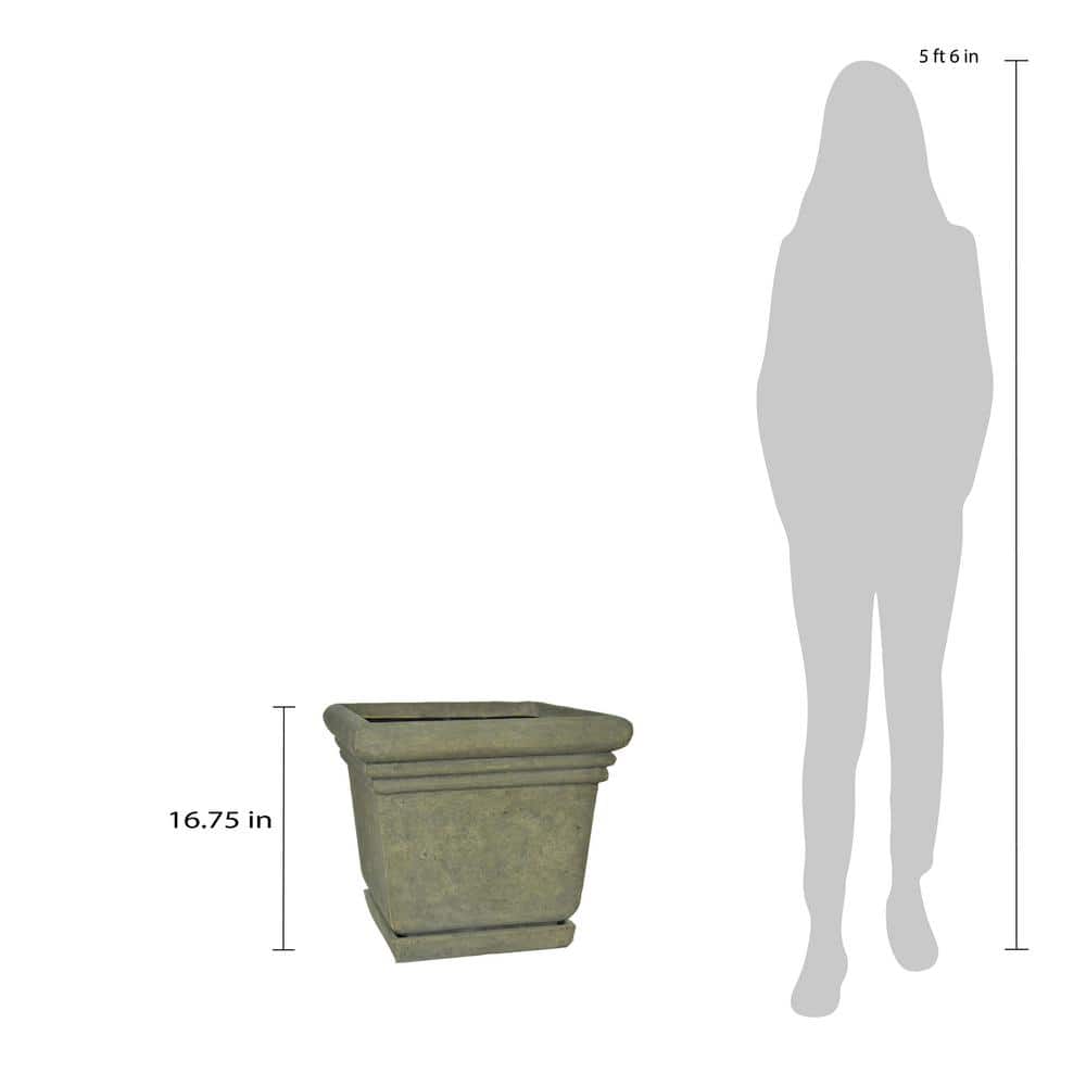 18-1/2 in. Square Cast Stone Fiberglass Planter with Attached Saucer in Aged Granite Finish - Hercitys