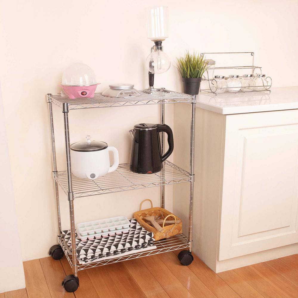 3-Tier Silver Heavy Duty Foldable Metal Kitchen Cart with Wheels Moving Easily Organizer Shelves Great,750 lbs. Capacity - Hercitys