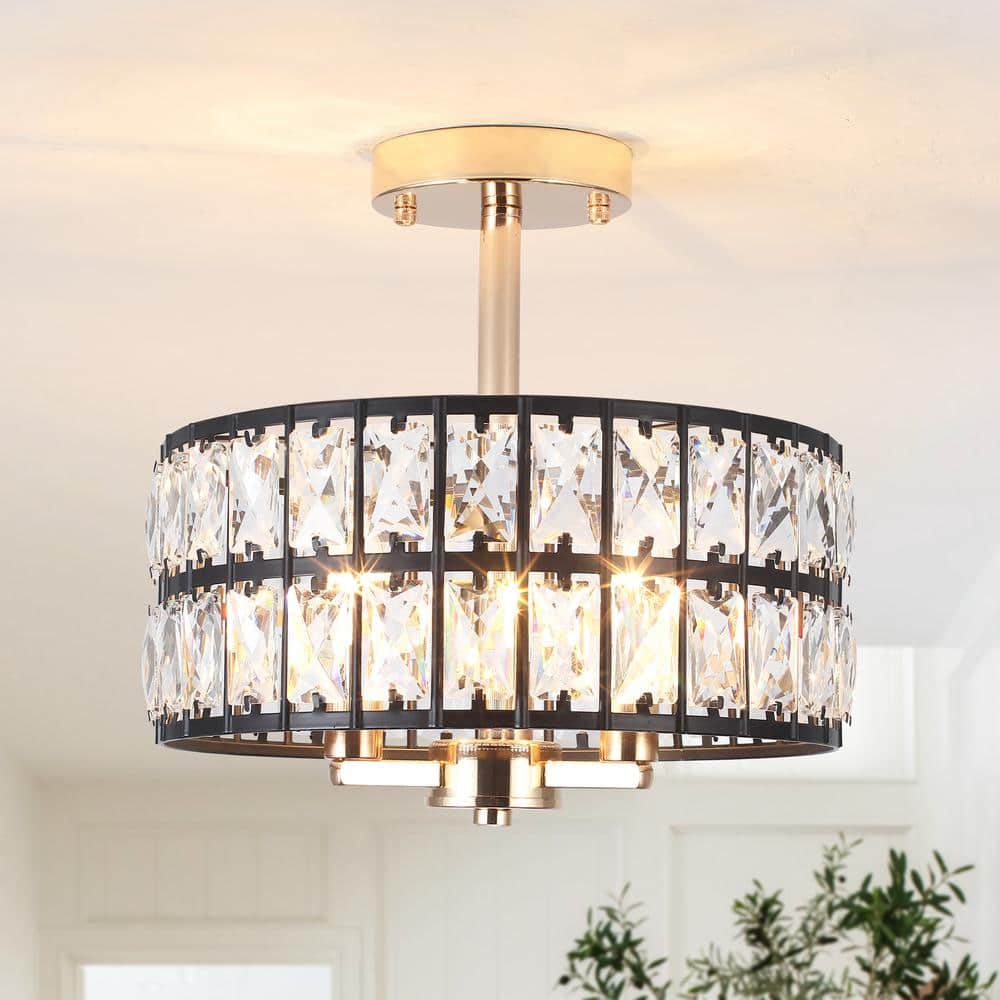 12.59 in. 3-Light Chrome Round Drum Semi-Flush Mount Ceiling Light with Clear Crystal and No Bulbs Included - Hercitys