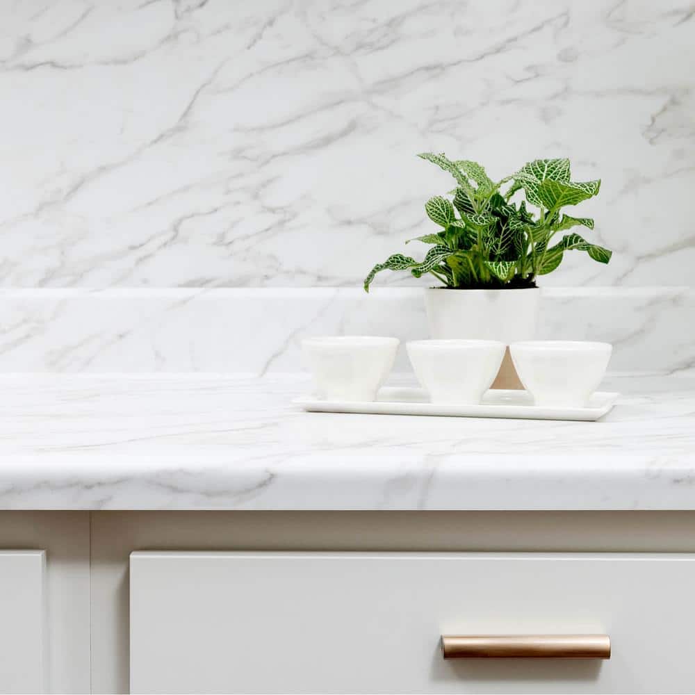 10 ft. Right Miter Laminate Countertop in Textured Anzio Marble with Waterfall Edge and Integrated Backsplash - Hercitys