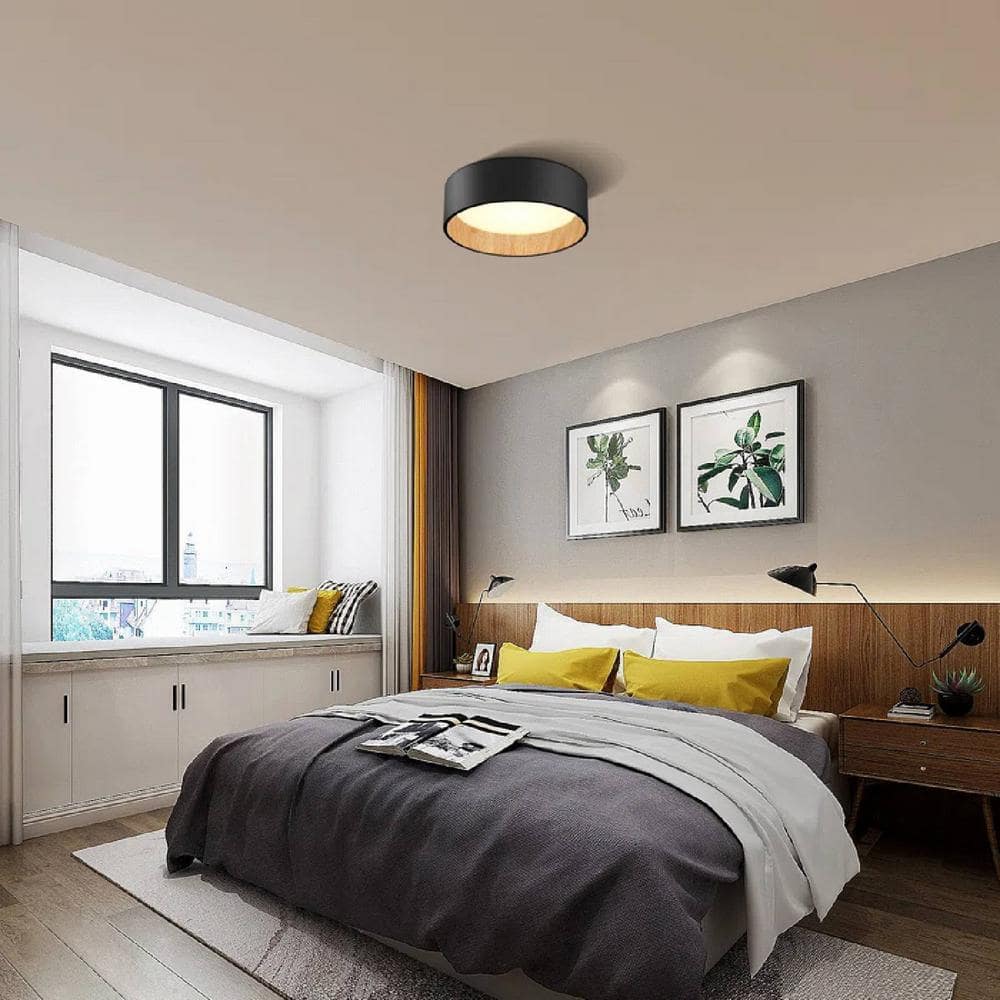 13 in. 25-Watt Modern Black Integrated LED Flush Mount with White Acrylic Shade - Hercitys