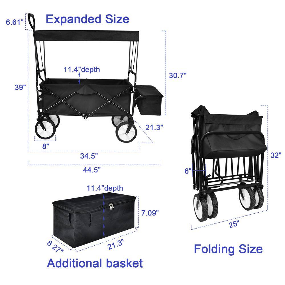 5 cu. ft. Black Steel Garden Cart with Removable Canopy, 8 in. Wheels, Adjustable Handles and Double Fabric - Hercitys