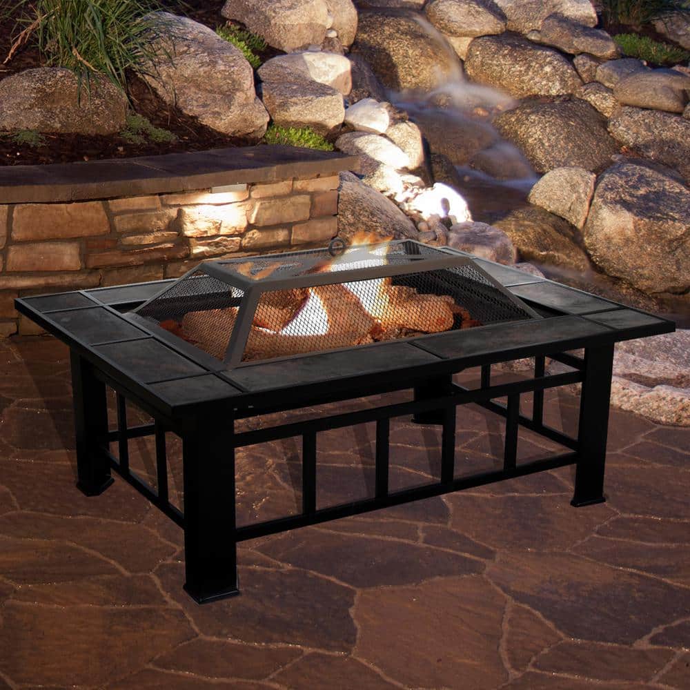 37 in. Steel Rectangular Tile Fire Pit with Cover - Hercitys