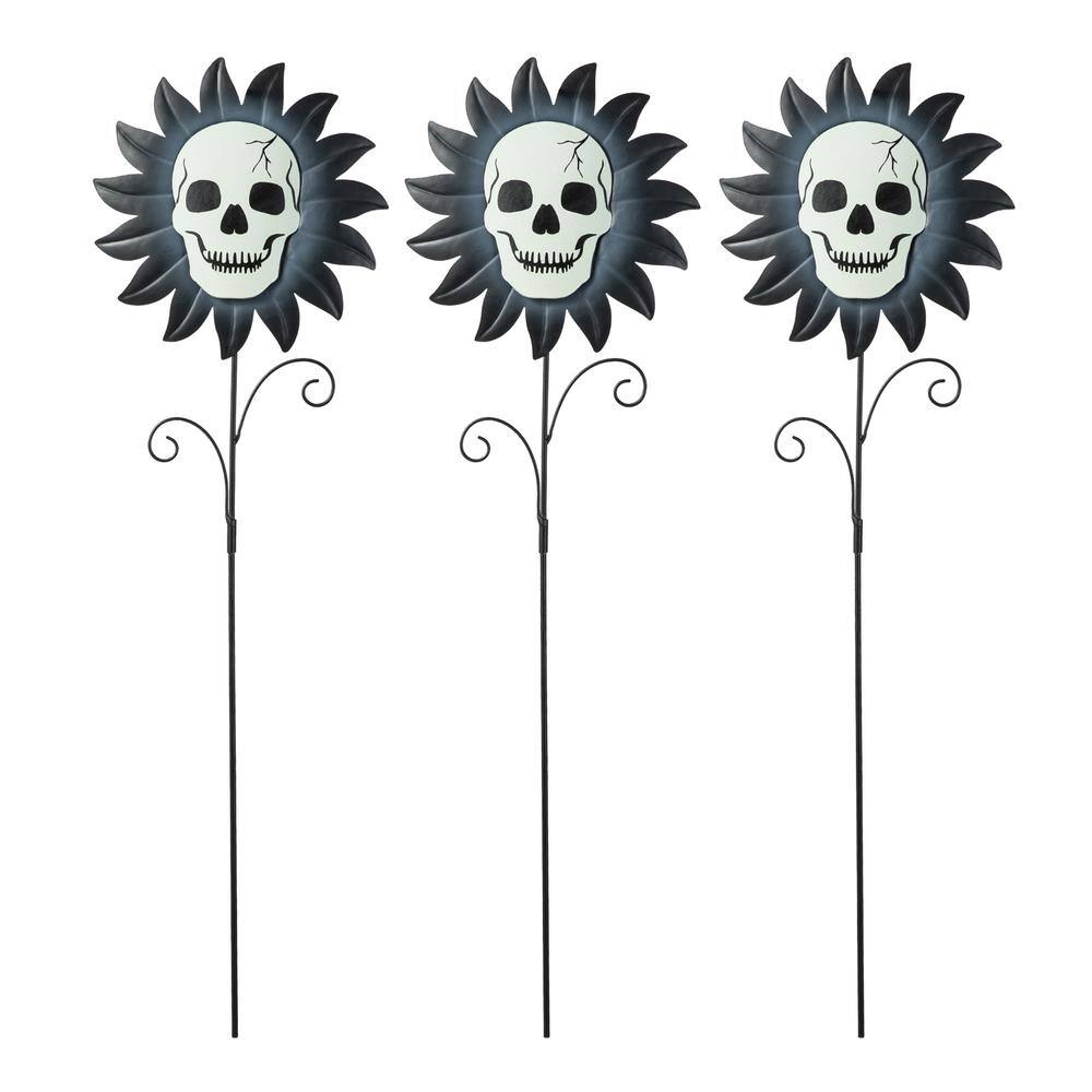 24 in. H Halloween Metal Sunflower Skulls Glow-In-Dark Yard Stake (Set of 3) - Hercitys
