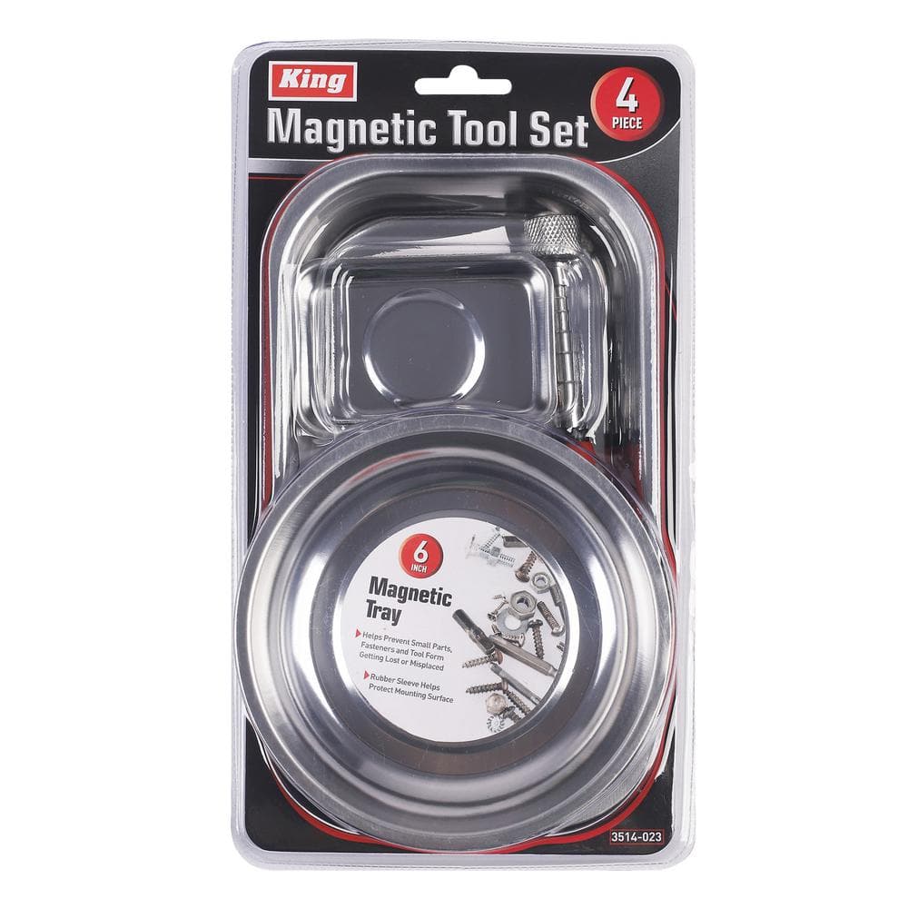 4-Piece Magnetic Tool Tray Set-1 Rectangle and Set-2 Round Magnetic Tool Trays and Magnetic Pick-Up Tool - Hercitys