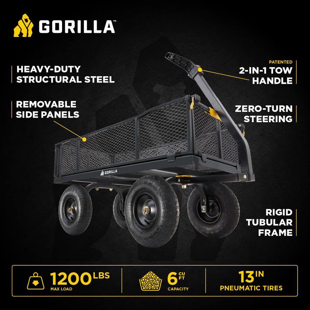 1,200 lb. Heavy-Duty Steel Utility Garden Cart, 6 cu. ft. Capacity, 13 in. Pneumatic Wheels, 2-in-1 Pull or Tow Handle - Hercitys