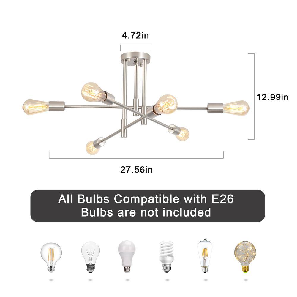 27.56 in. 6-Light Nickel Sputnik Semi- Flush Mount Ceiling Lights with 360°Rotatable Light Arm - Hercitys