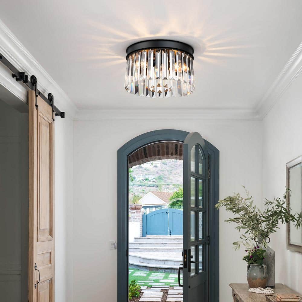 12 in. 3-Light Modern Black Round Flush Mount Ceiling Light with 2 Tiers Clear Crystal Shades - Hercitys