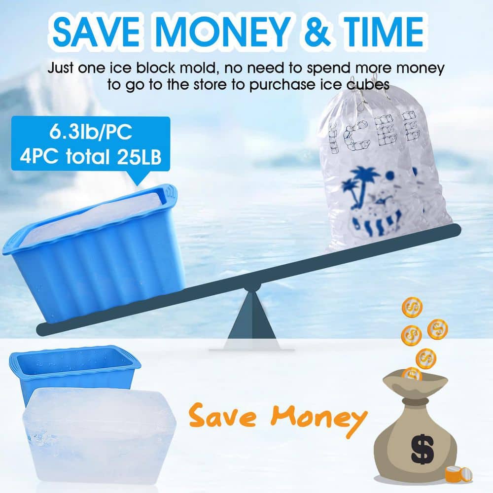 4-Pack Blue Extra Large Ice Cube Mold, Reusable Silicone Ice Cube Tray, 25 lb. Ice Bath Water Chiller Ice Mold - Hercitys