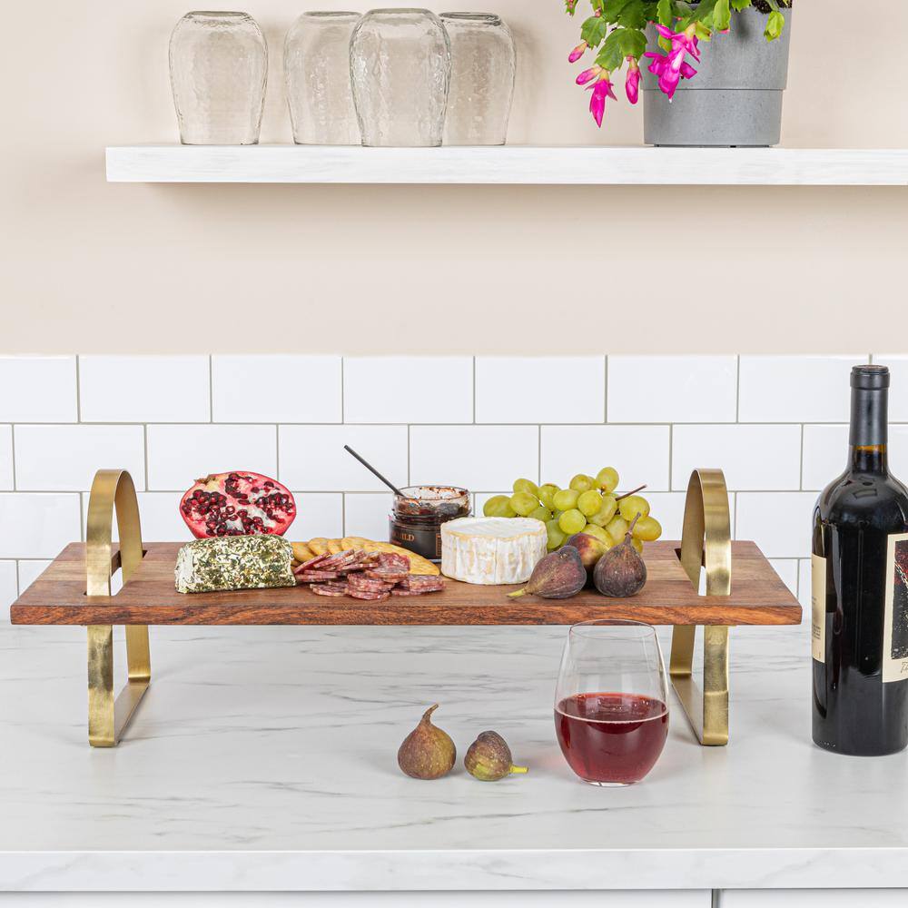 23.5 in. W x 7.9 in. H x 9.9 in. D Rectangle Gold Acacia Wood Serving Tray On Stand (Set of 1) - Hercitys