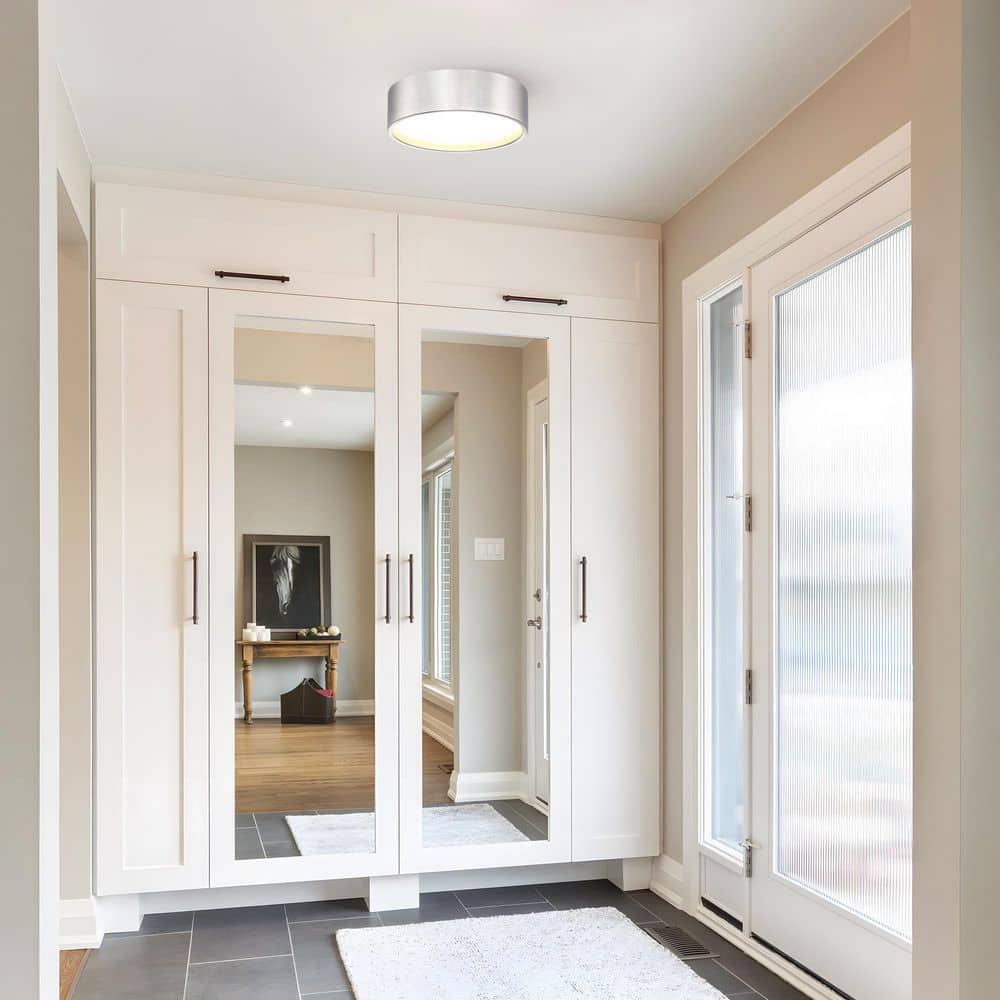 14 in. LED 24-Watt Modern Brushed Nickel Integrated LED Flush Mount with White Acrylic Shade - Hercitys