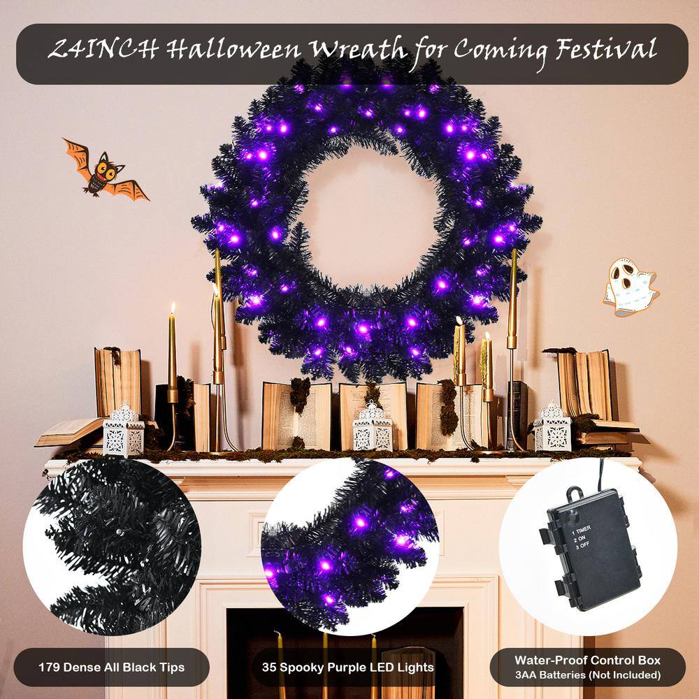 24 in. Black PreLit Artificial Christmas Wreath Halloween Wreath with 35 Purple LED Lights - Hercitys