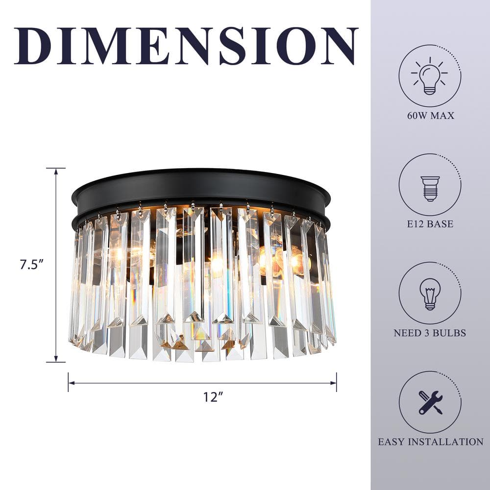 12 in. 3-Light Modern Black Round Flush Mount Ceiling Light with 2 Tiers Clear Crystal Shades - Hercitys