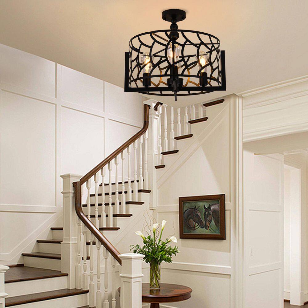 18.9 in. 4-Light Black Industrial Cage Drum Semi-Flush Mount - Hercitys