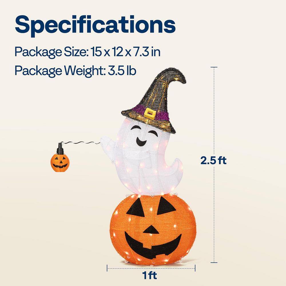 2.5 ft. Height LED Lighted Halloween Collapsible Metal Ghost on Pumpkin with Projection Effect - Hercitys