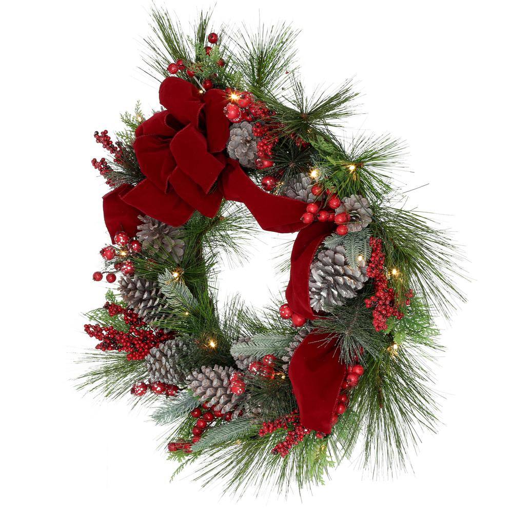 30 in. Pre-Lit Artificial Christmas Wreath with Pinecones and Burgundy Ribbon - Hercitys