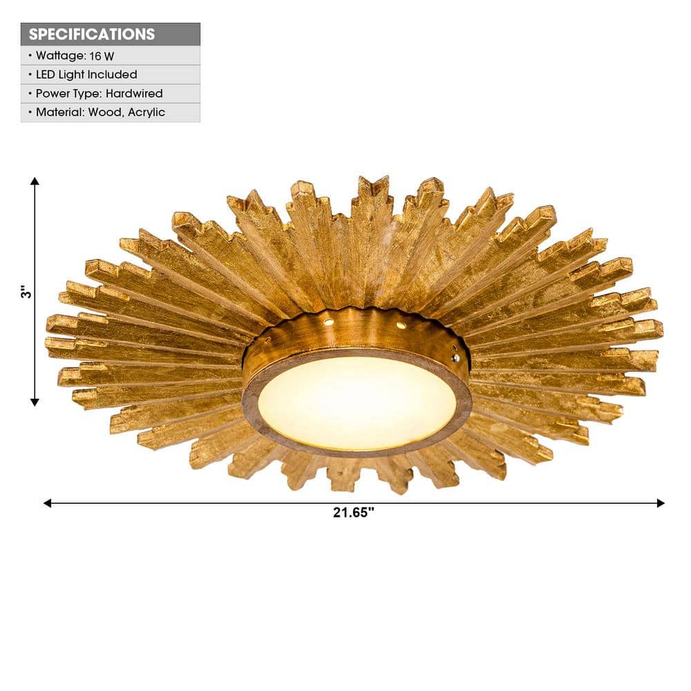 21.65 in. 16-Watt Integrated LED Gilt Wood Sunburst Flush Mount Ceiling Light Fixture - Hercitys