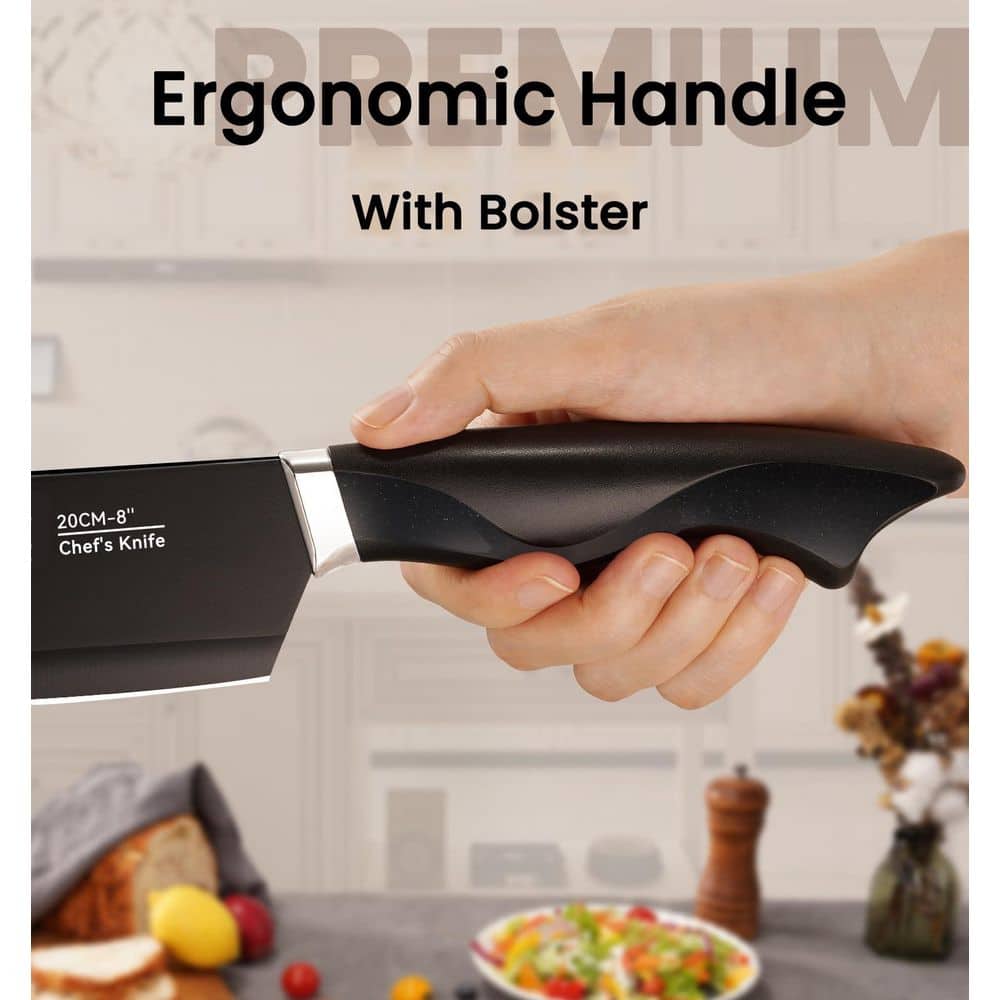 15-Piece German High Carbon Stainless Steel Knife Block Set in Black with Build-in Knife Shapener, Dishwasher Safe - Hercitys