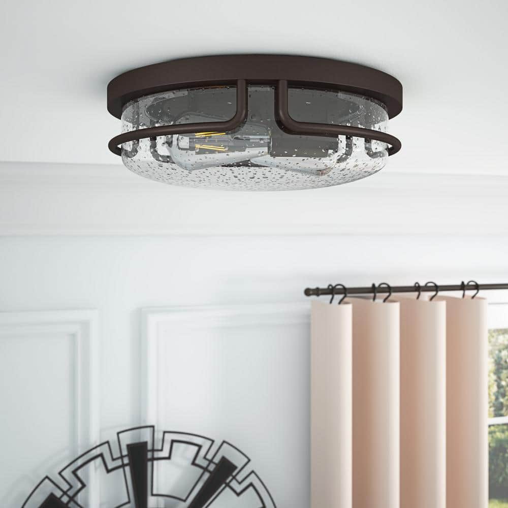 12.79 in. 2-Light Oil Rubbed Bronze Flush Mount Ceiling Light with Seeded Glass Shade Close to Ceiling Lighting Fixture - Hercitys