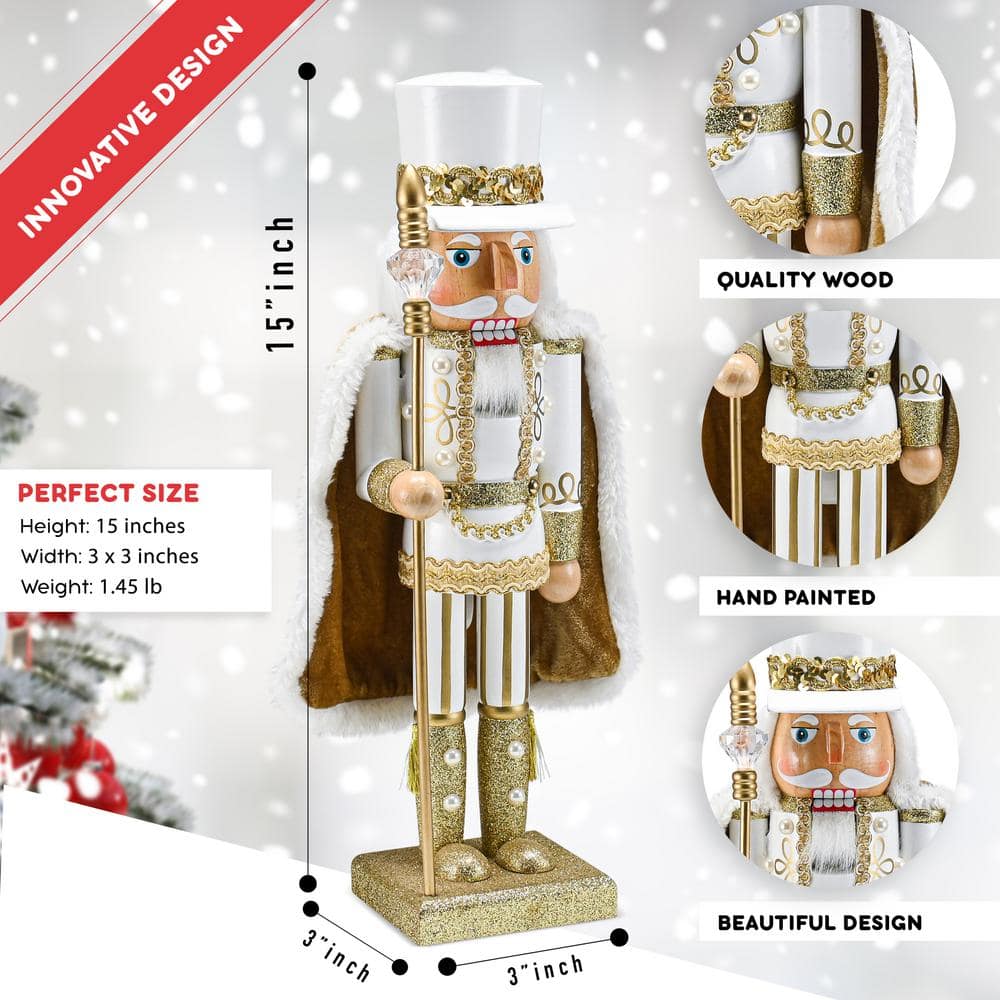 14 in. Wooden Christmas Gold King Nutcracker-Gold and White Glittered Nutcracker with Gold and White Fur Cape and Staff - Hercitys