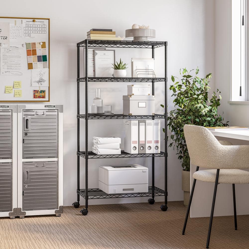 5-Tier Steel Wire Shelving System in Black (30 in. W x 14 in. D x 60 in. H) - Hercitys