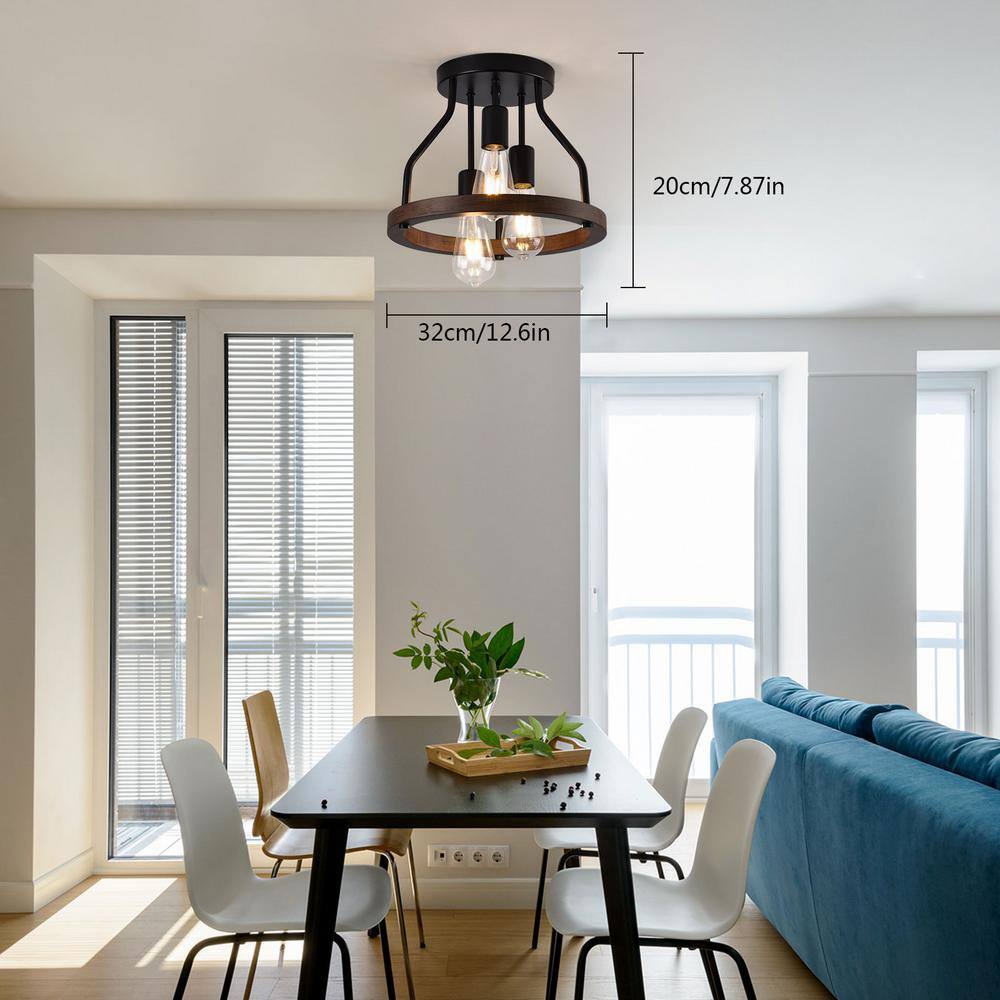 12.6 in. 3-Light Retro Farmhouse Simple Black Semi-Flush Mount Ceiling Light with Wooden Shade - Hercitys