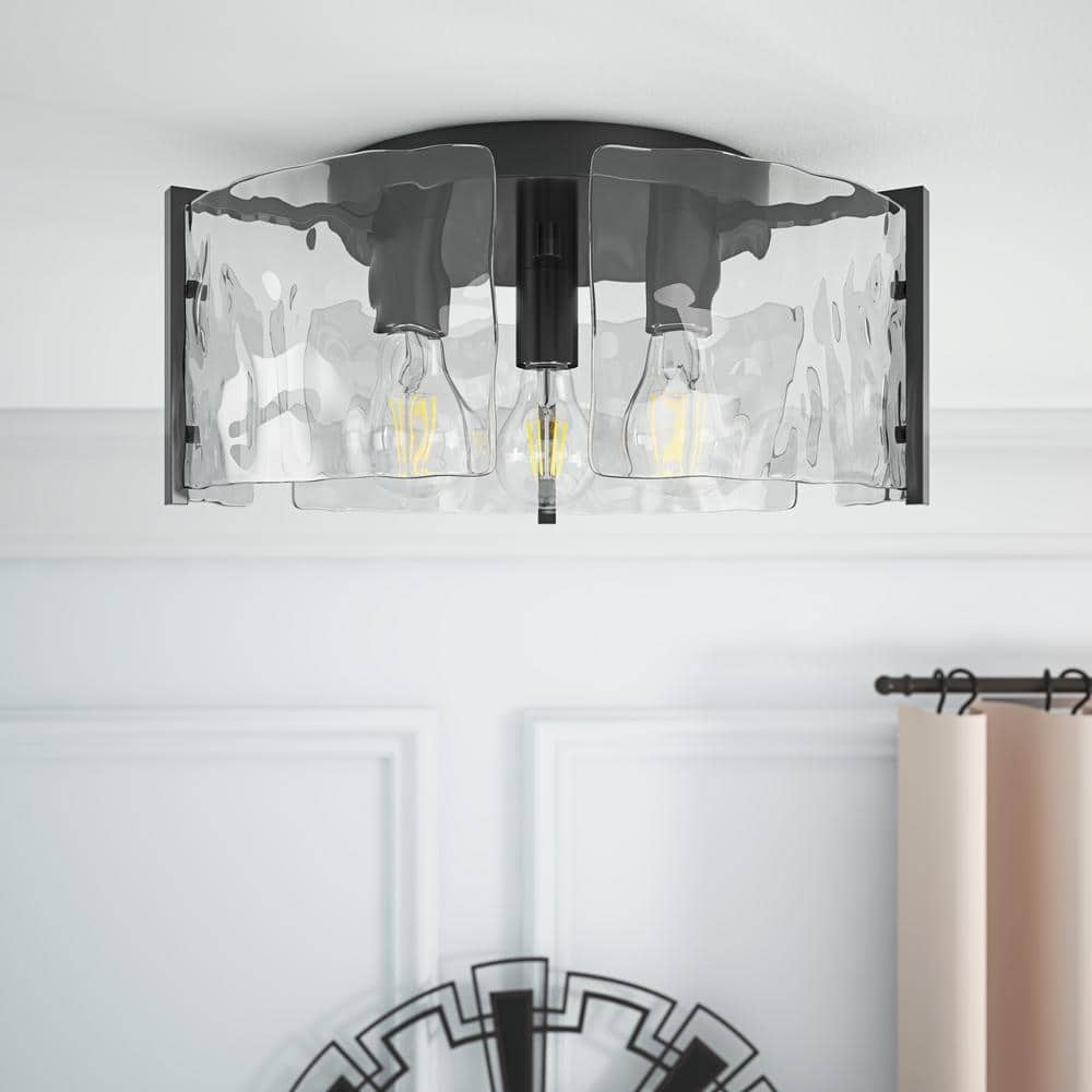 14.17 in. 3-Light Industrial Black Flush Mount Modern Ceiling Lighting Fixture with Water Glass Shade - Hercitys