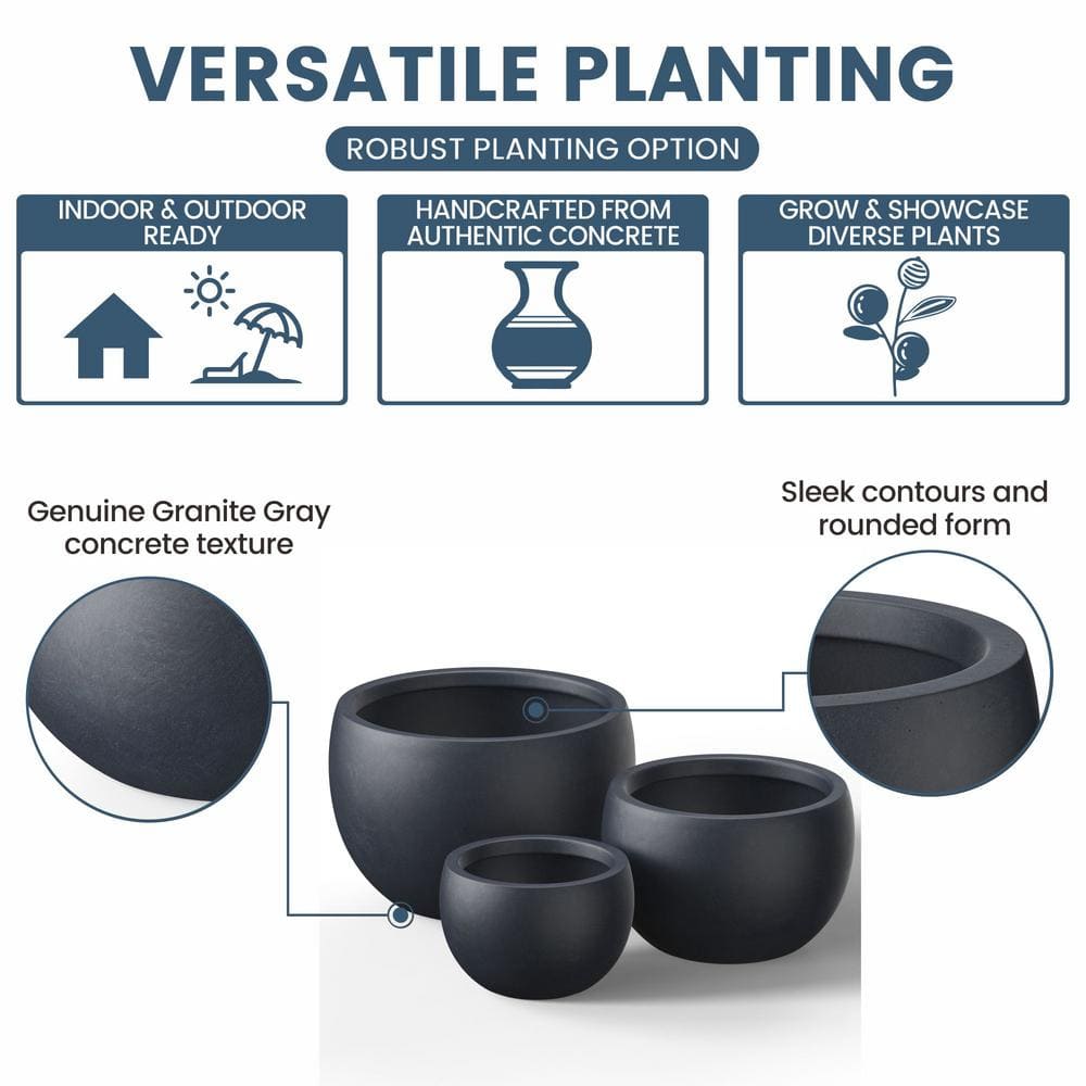 11.5 in.,15 in.,19 in. Large Granite Gray Concrete Round planter / Pot with drainage holes (Set of 3) - Hercitys