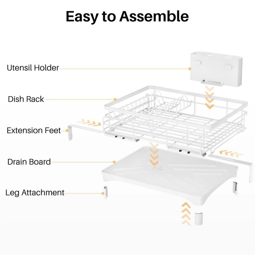 12.2 in. to 21.7 in. White Extendable Dish Rack, Dish Drying Rack, Stainless Steel Dish Strainer with Utensil Holder - Hercitys
