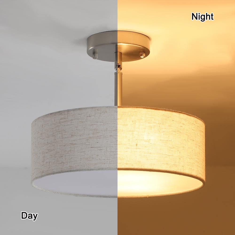 12.6 in. 3-Light Nickel Drum Linen Blend Semi Flush Mount Ceiling Light with White Fabric Shade and No Bulbs Included - Hercitys