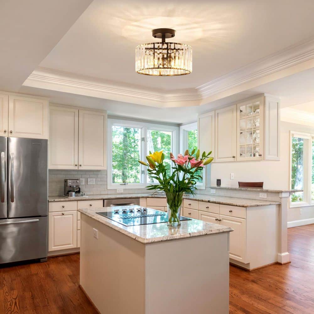 11.8 in. 3-Light Black Modern Drum Semi-Flush Mount Ceiling Light With Crystal Shade - Hercitys