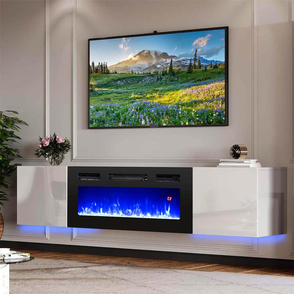 36 in. Black Wall-Mount 5,000 BTU Electric Fireplace with LED Light Strips Remote Crystal Stones - Hercitys
