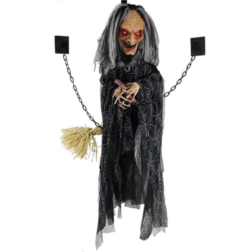 4 ft. Animatronic Witch Door Greeter with Lights and Sound, Indoor/Covered Outdoor Halloween Decoration - Hercitys